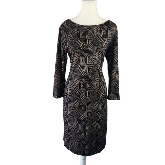 Sharagano Black and Tan Bodycon Geometric Midi Dress Size 10 - Picture 11 of 11